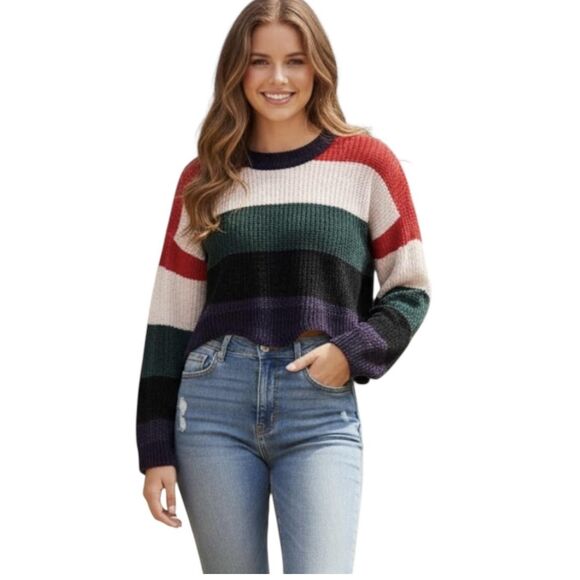 LUV LANE Sweater Womens Medium Multicolor Striped Cropped Chunky Knit Crewneck - Picture 1 of 12